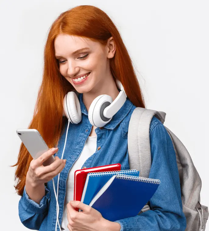 Student reading phone